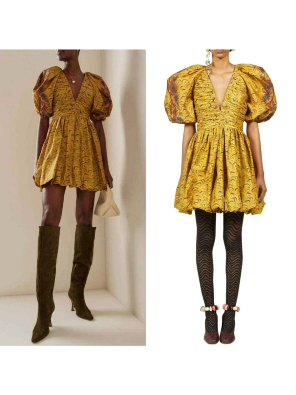 Ulla Johnson $795 Gwen Tiger's Eye Puff Sleeve Pleated Mini Dress Gold Funky - Picture 2 of 16